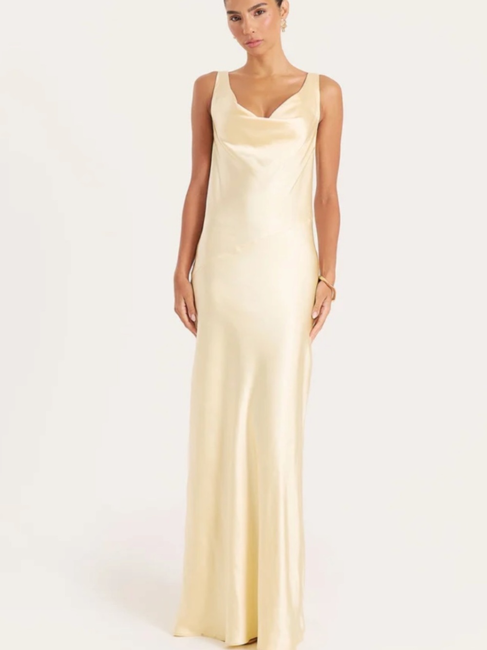 Yellow Satin Backless Lace Trim Maxi Dress